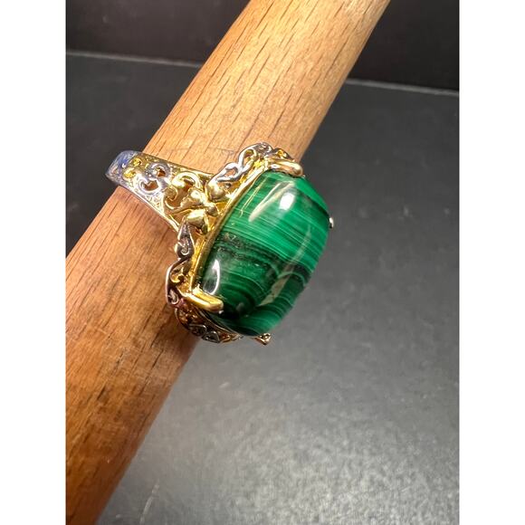 Karis Platinum & 18K Gold Plated Malachite Statement Ring Size 7 - Picture 2 of 16